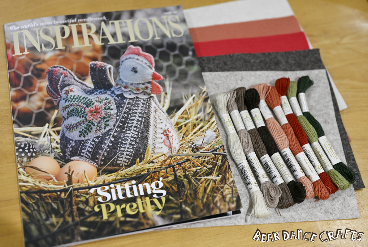 Inspirations Magazine Harnie the Hen cover and DMC Eco Vita wool thread.