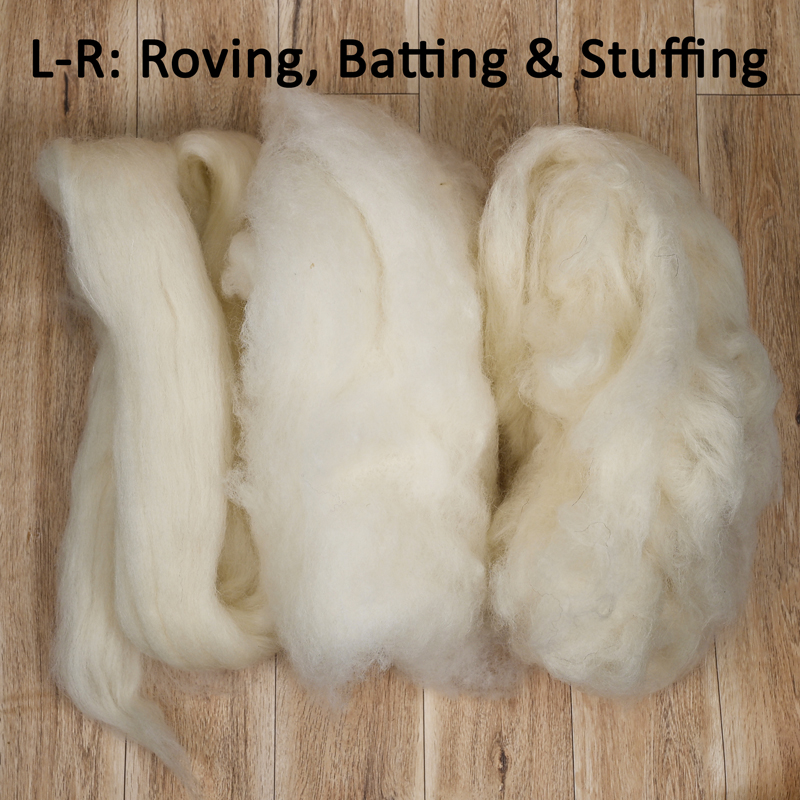 Wool roving, batting and stuffing, natural, clean and undyed in small amounts for doll making.